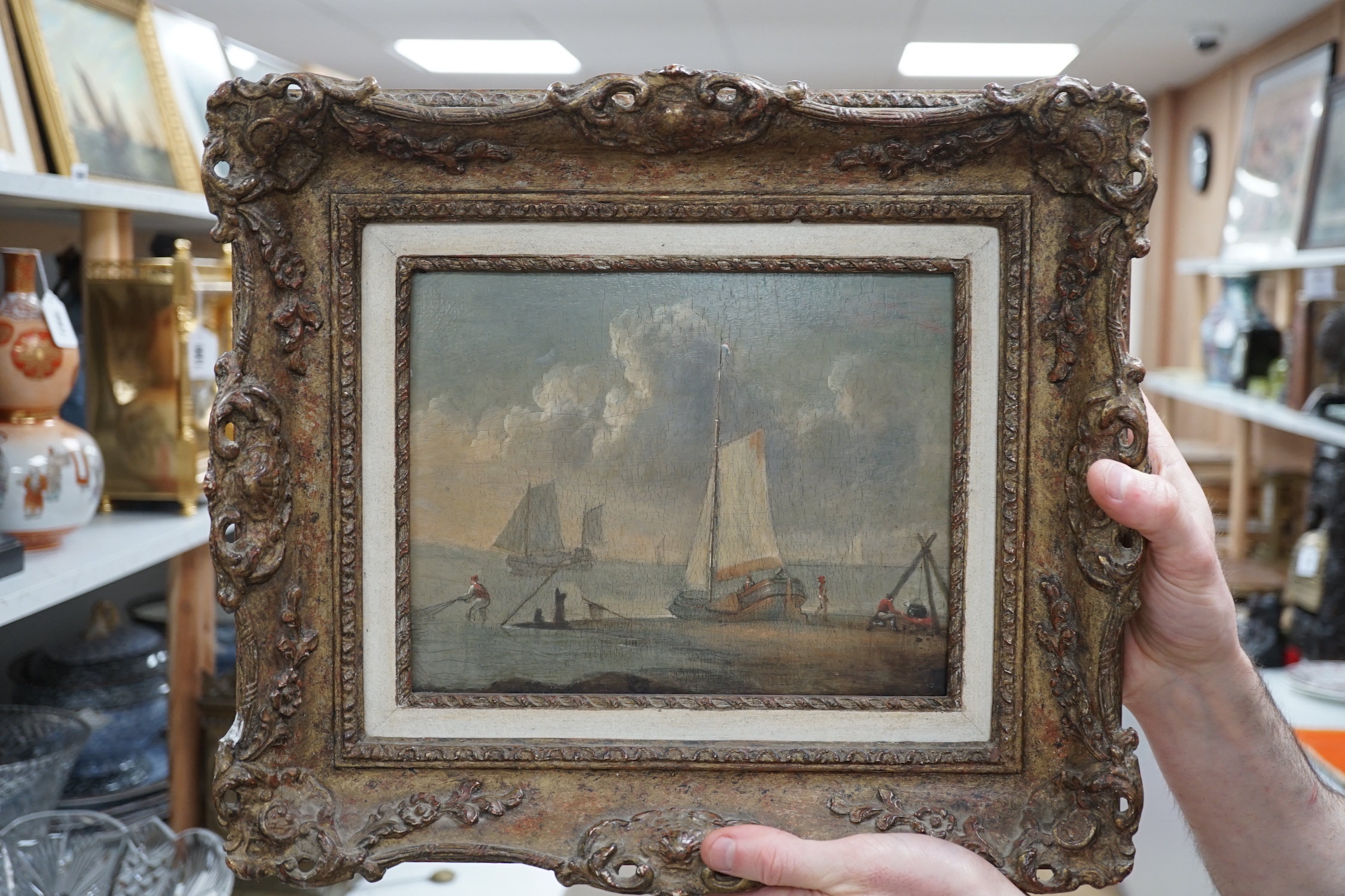 Follower of Thomas Luny, oil on wooden panel, Fisherfolk along the shore, 18.5 x 23.5cm